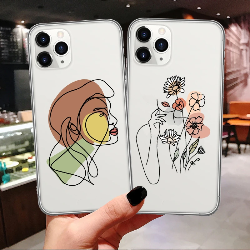 Art Retro Abstract Geometry Clear Soft Phone Case For iPhone 11 12 Pro Max SE 2020 7 8 Puls Cute Women Face Line Cover 12 Mini