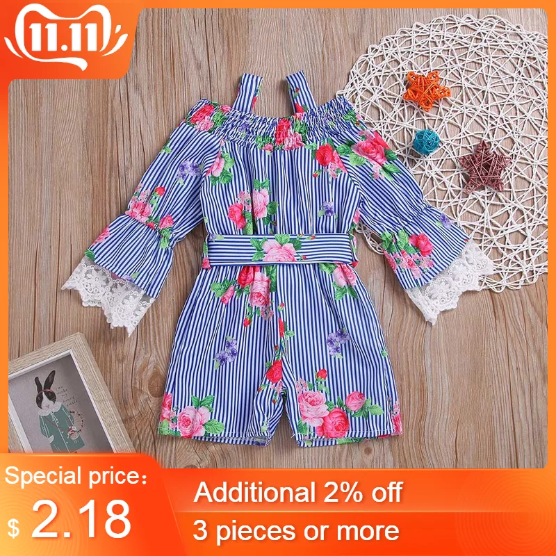 Детский комбинезон в полоску с длинными рукавами и цветочным принтом Прямая