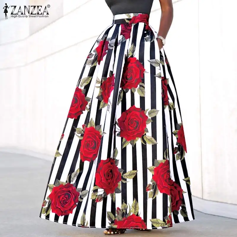 

ZANZEA Oversized Bohemian Women's Satin Skirt 2021 Spring Autumn Striped Printed Maxi Long Skirt Casual A-line Party Bottoms 7