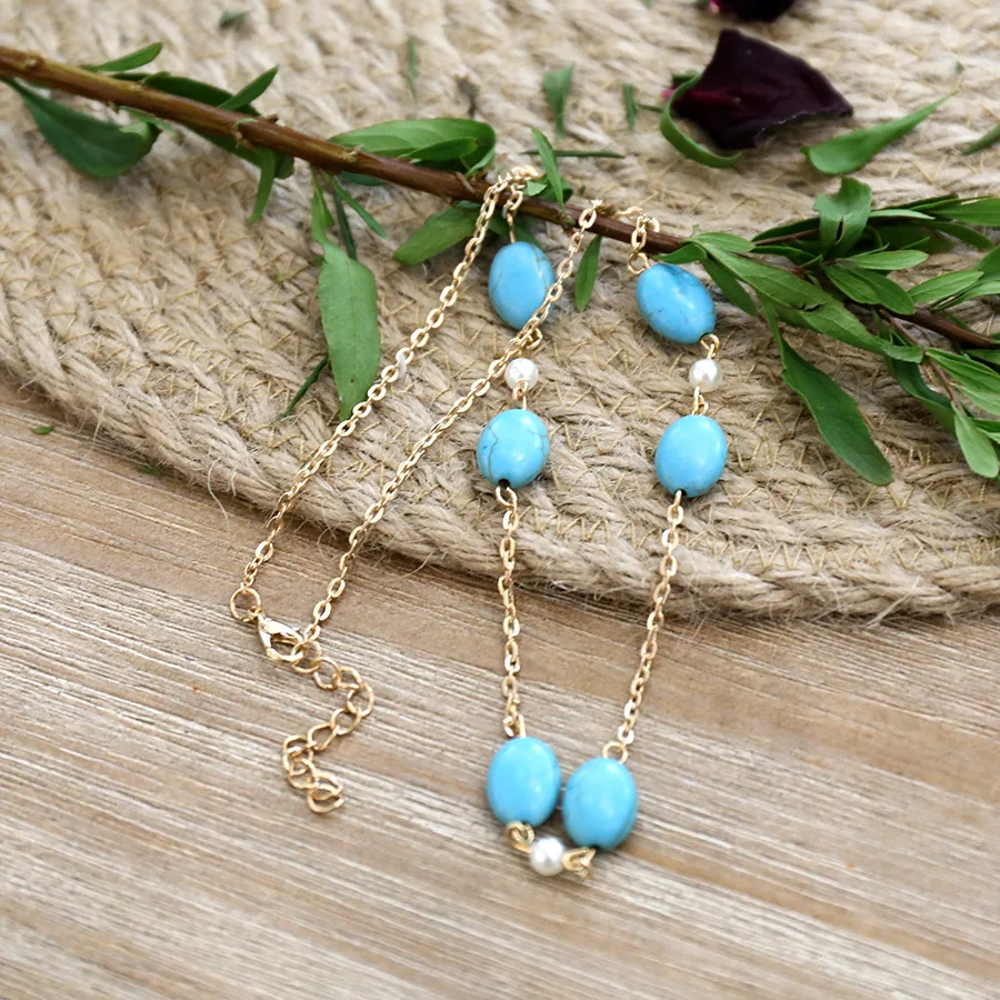 Turquoise Beaded Necklace Long Sweater Chain Women Ladies Gold Metal Ketting Collier Ethnique Boheme Collar Mujer Femme |