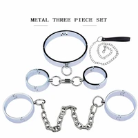 heavy stainless steel slave bondage sex toys of handcuffs ankle cuffs neck collar with metal chain for women men fetish bdsm