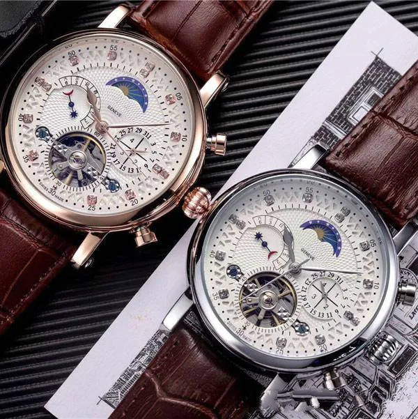 

Hot sale mens watches Fashion mechanical automatic Genuine Leather strap Diamond dial daydate Moon Phase movement watch