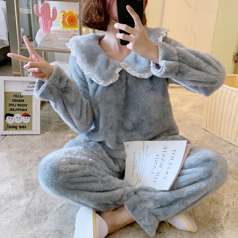 

Женская пижама осень-зима коралловый флисовый костюм из двух предметов туманная синяя Милая фланелевая утепленная Весенняя верхняя одежда...