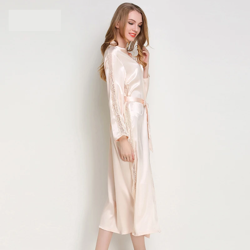 BESCSHERE шелковая сатиновая пижама халаты женское кружевное платье с длинными