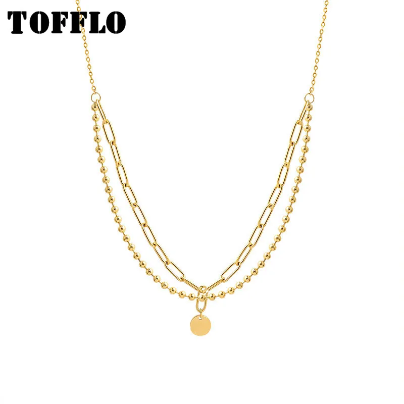 

TOFFLO Stainless Steel Jewelry Round Piece Lucky Double Necklaces Women Round Bead Chain Fold Necklace Hip Hop Chain Women P853