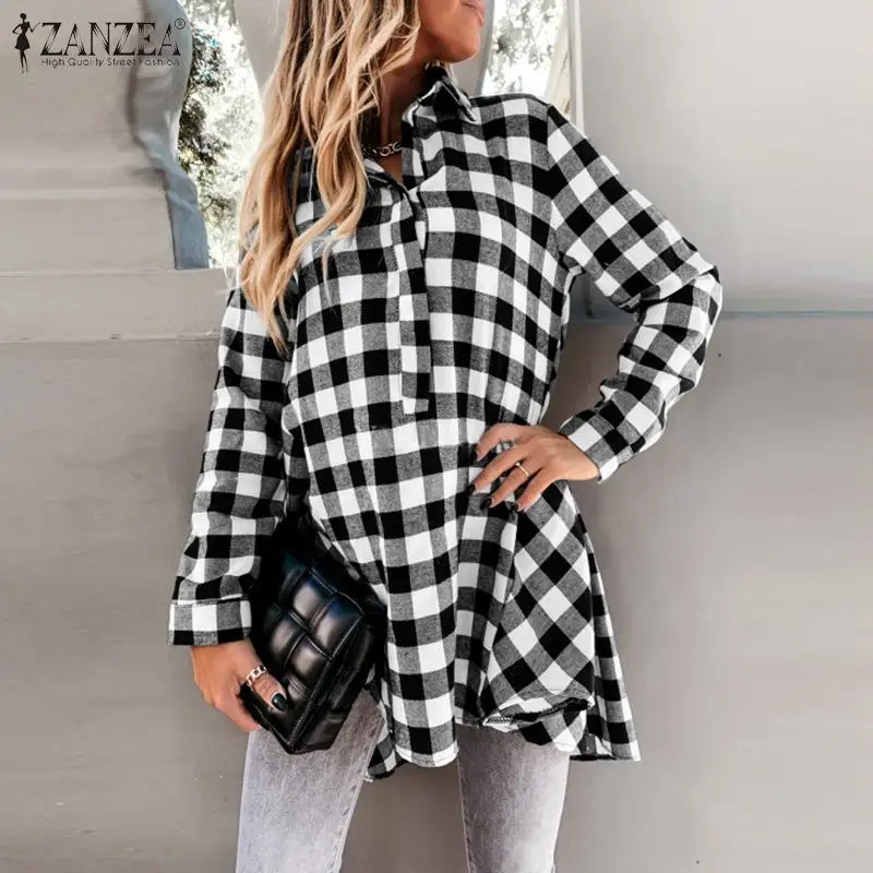 

ZANZEA Fashion Plaid Check Tops Casual Lapel Irregular Shirts Female Long Sleeves Blusa Oversized Womens 2021 Spring Blouses 5XL