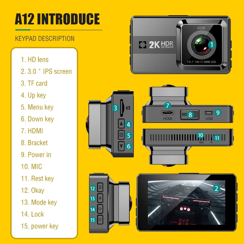 $51.88 Asawin A12 Dual Lens Dash Cam 2K FHD Car Dvr Driving Recorder 3 In IPS  170° Wide Angle, WDR, Double cameras Car Camera