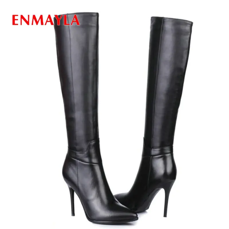 

ENMAYLA 2020 Winter Shoes Women Pointed Toe Knee-High Thin High Heel Boots Sexy PU Sewing Round Toe Fashion Women Shoes 34-43