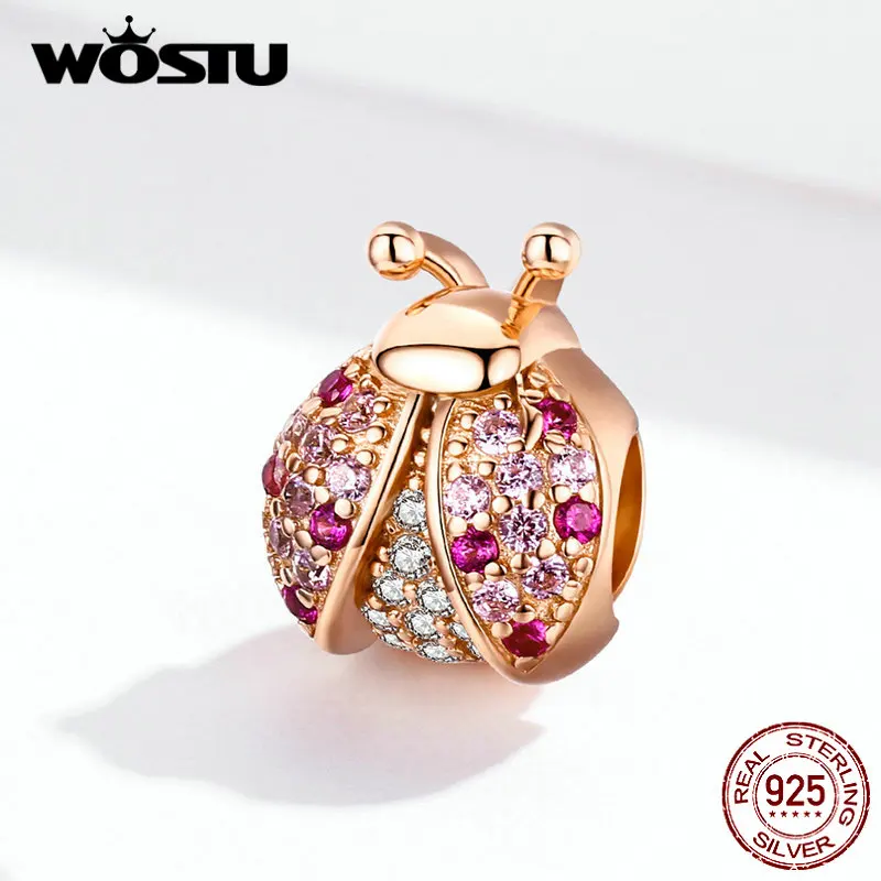 WOSTU, 925 пробы, серебро, божья коровка, амулеты, розовое золото, бусины, подходят к оригинальному браслету, кулону, ожерелье, изготовление ювелирных изделий, FIC1120