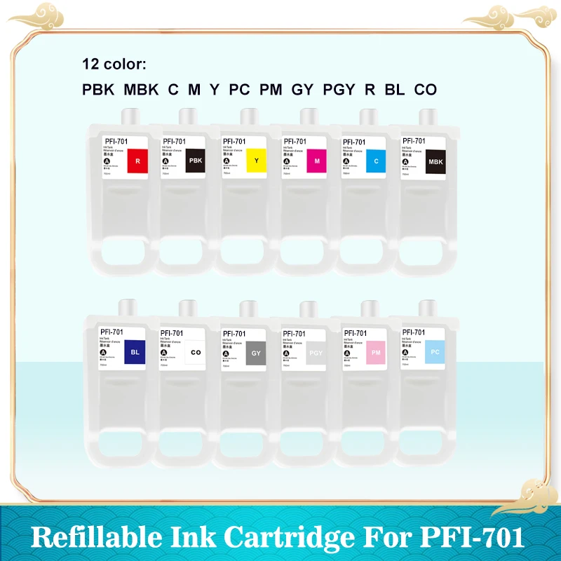 

12pcs PFI-701 PFI-702 Refillable Ink Cartridge With Chip for Canon IPF8100 IPF8110 IPF9100 IPF9110 PFI701 PFI702