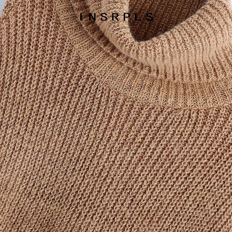 

INSRPLS Women Fashion Thick Warm Loose Knitted Sweater Vintage High Neck Long Sleeve Side Vents Female Pullovers Chic Tops