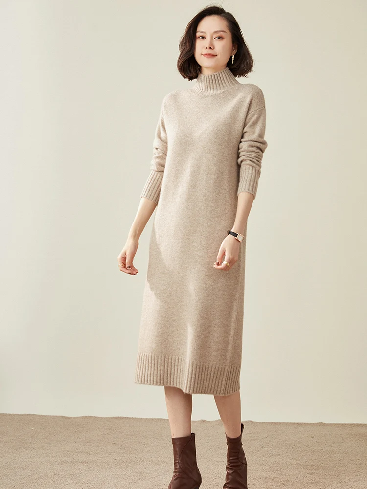 Женское кашемировое платье плотное трикотажное зима 100% пуловеры с круглым