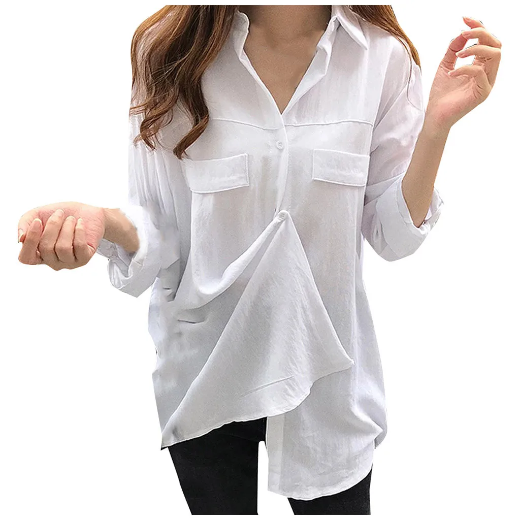 2020 хит блузки женские модные длинный рукав одноцветные отложной воротник