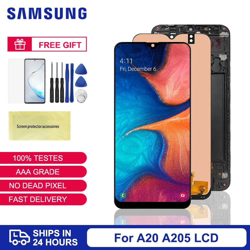 

ЖК-дисплей TFT для Samsung A20, сенсорный экран с дигитайзером в сборе для Samsung A20, A205, A205F, с рамкой