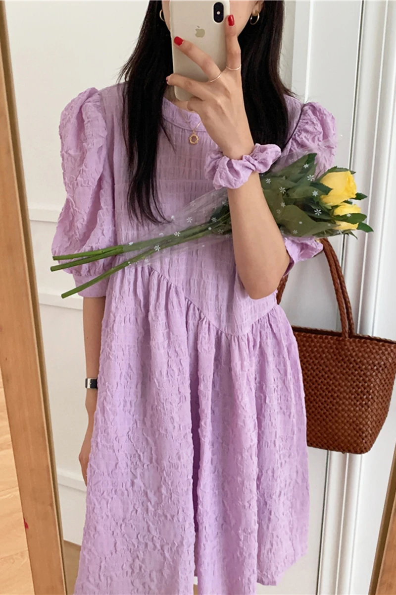

YAMDI a-line elegant korean short puff sleeve midi dress women vintage dresses 2020 new summer woman solid party ladies vestidos