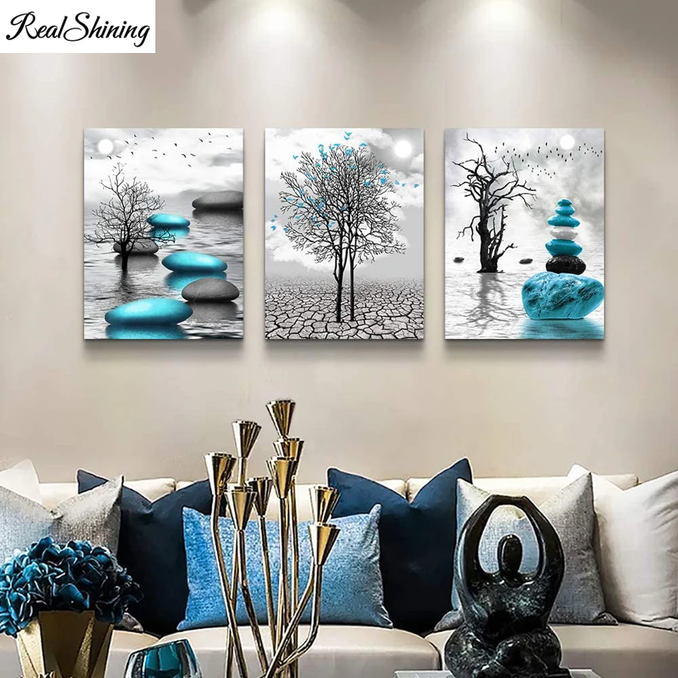 

Blue Stone Abstract Tree Diamond Painting Full Square Round Diamond Embroidery Triptych Scenery Rhinestone Mosaic Hobby T867