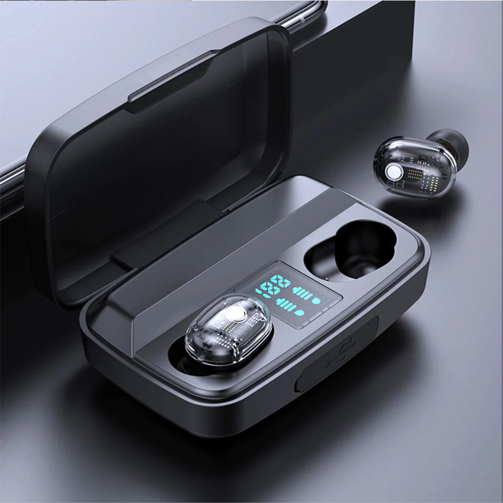 

1 Pair Battery Display Wireless Earphones Noise Reduction TWS Earbuds Waterproof Sports Headset with Charging Case (Black)