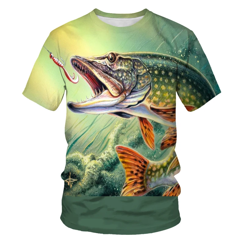 

2021 Summer Newest Fish Outdoor T-shirt Men 3D Printing Fishing Men's Short Top 0 Collar Casual Men's Fishing T-shirt