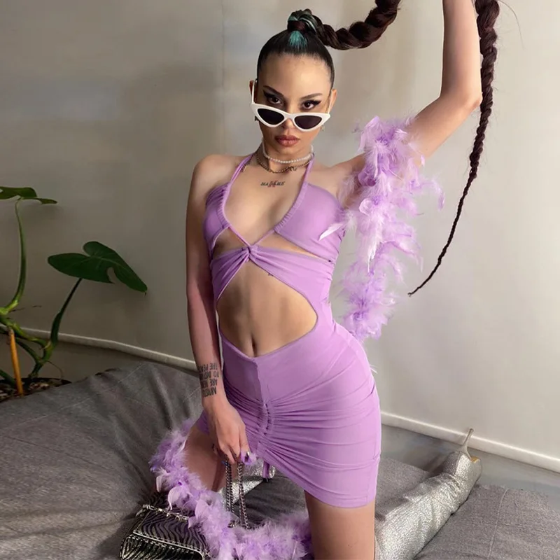 

Sexy Backless Drawstring Ruched Cross Halter Mini Dress Women's2021 Summer Fashion Outfits Holiday Bodycon Dresses Clubwear