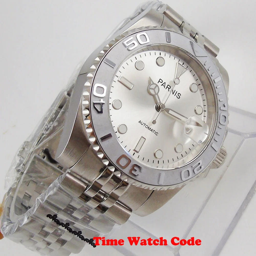 Мужские автоматические наручные часы PARNIS 40 мм серебристый циферблат сапфировый