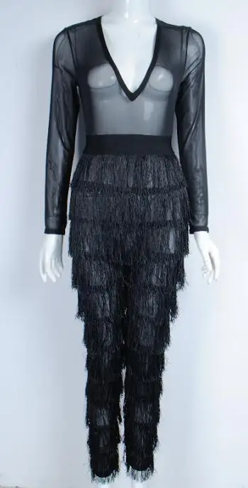 

Top Quality Sexy Long Sleeve Tassel Black Women Jumpsuit 2021Celebrity Designer Jumpsuit Bandage Bodysuits Dropshipping