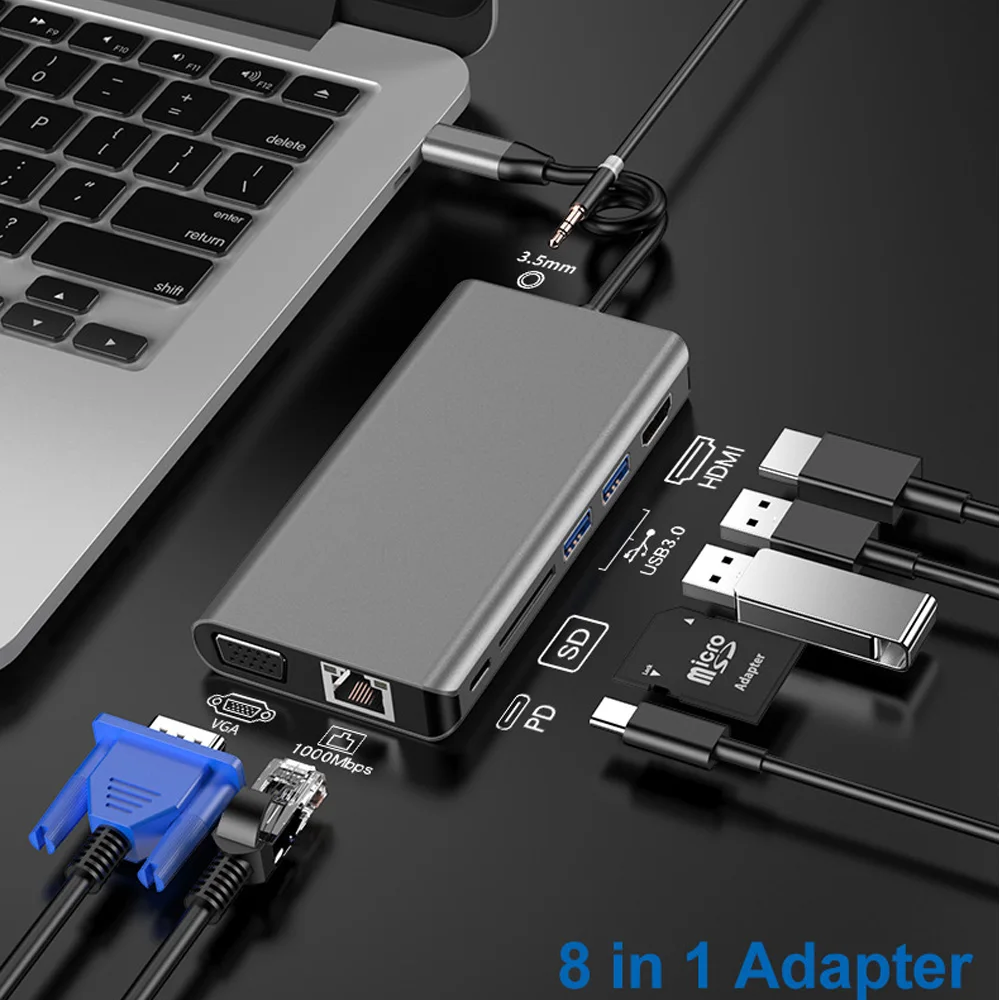 

USB-хаб tebe 8-в-1 с портом Type-C на HDMI, устройство для чтения SD-карт, адаптер PD для Macbook, Huawei, VGA, Rj45, Gigabit Ethernet