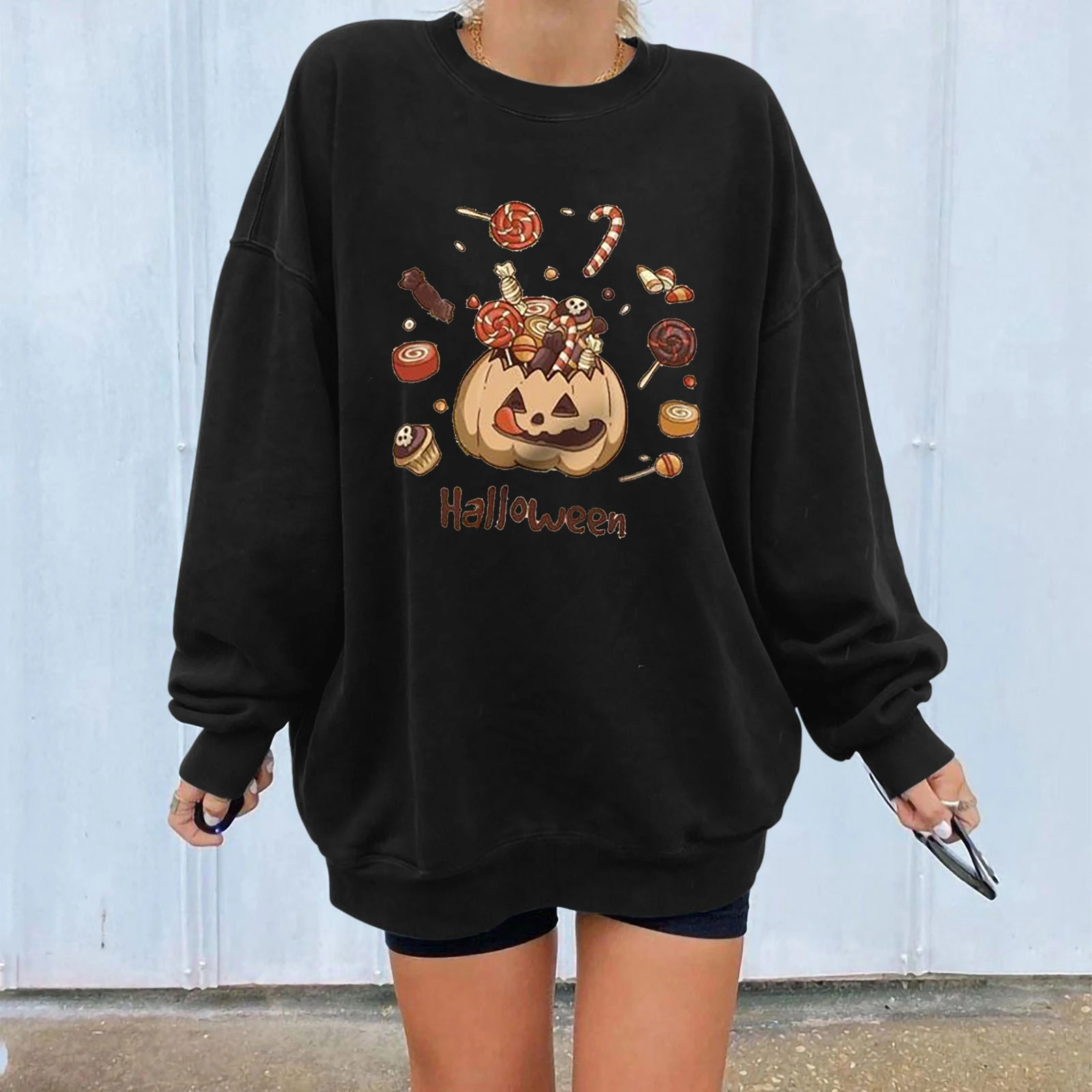 

Funny Pumpkin Skull Print Funny Women Halloween Sweatshirts Casual Oversized Sweatshirt Streetwear Drop-shoulder Fashion Tops