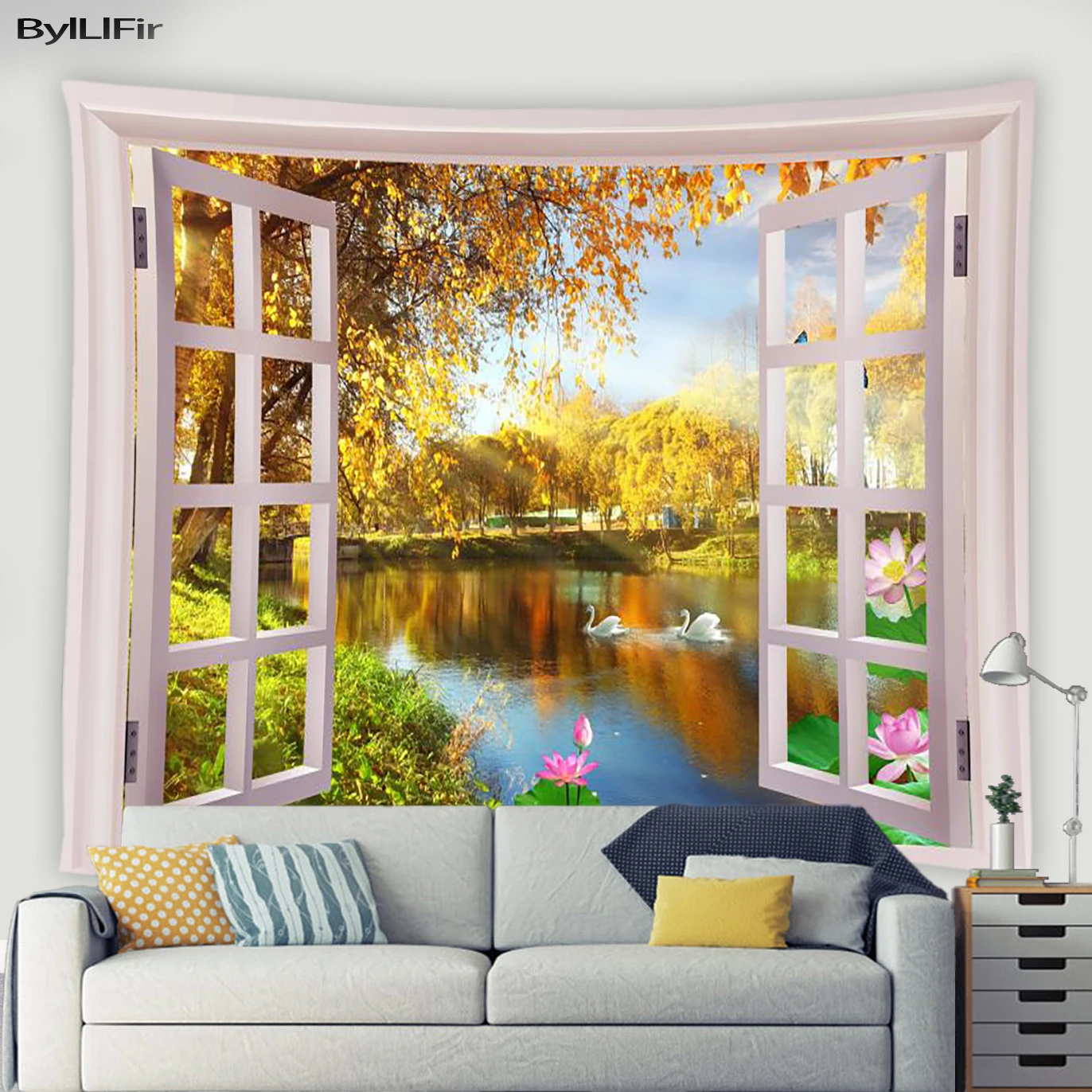 

Украшение на окно, гобелен, осенний лес, озеро, лотос, для гостиной, искусство, настенное одеяло, скандинавский Декор для комнаты, настенные г...