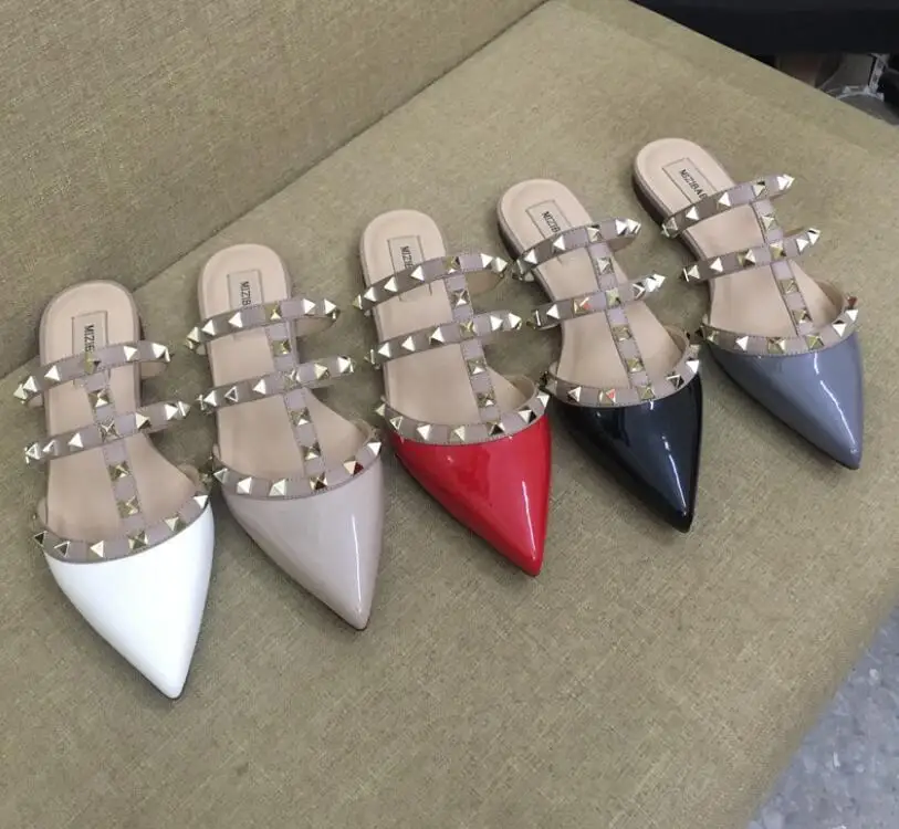 v brand shoes women flat slipper black nude patent leather real sandals with rivets 34-43 red box | Обувь