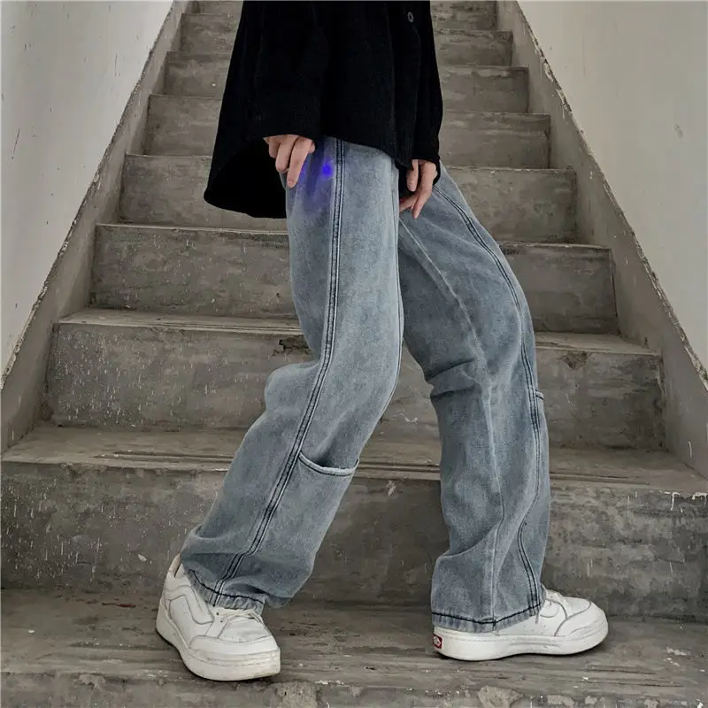 ICCLEK 2021 New Pants Men's Jeans Autumn Jeans Loose Straight Wide-leg Pants Cargo Jeans  Mens Street Wear  Blue Jeans