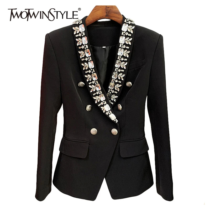 

TWOTWINSTYLE Elegant Black Patchwork Diamond Female Blazer Notched Long Sleeve Straight Women's Coat 2021 Autumn Fashion Clothes