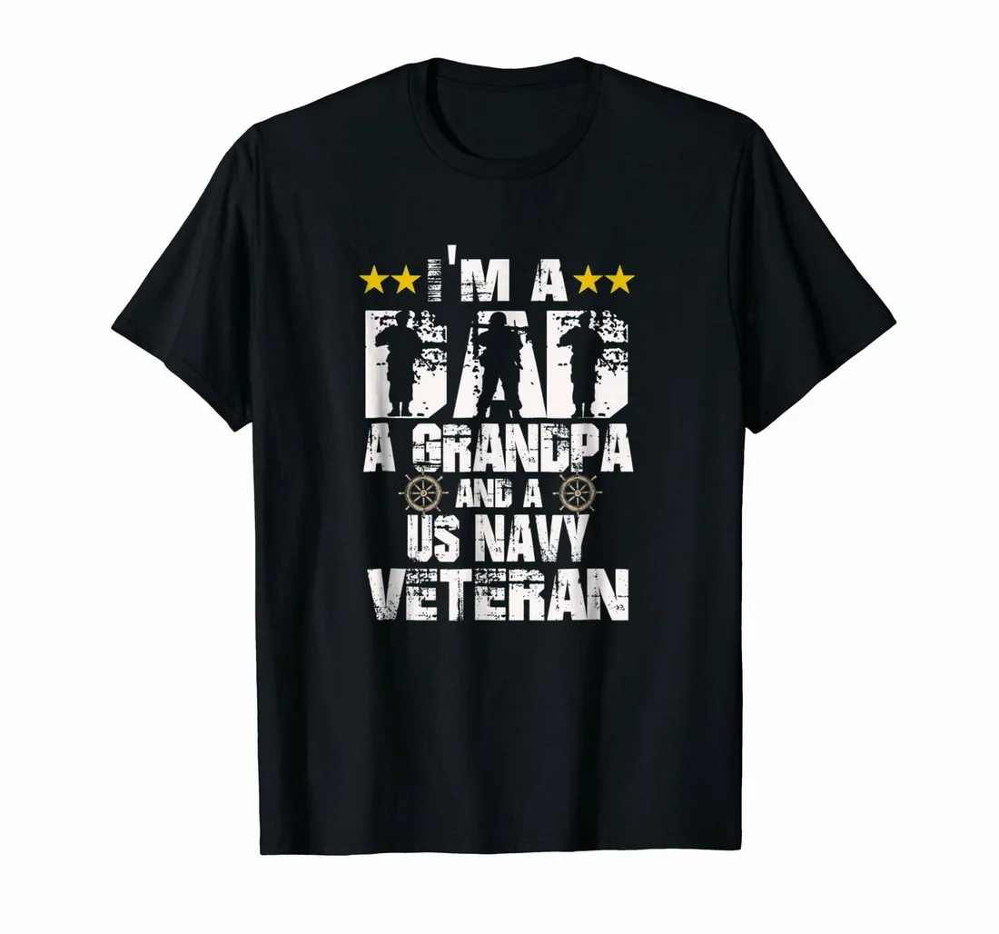 

Black US Navy Veteran Grandpa-I'm A Dad, A Grandpa And Us Navy 100% Cotton Retro O Neck Tops T-Shirt