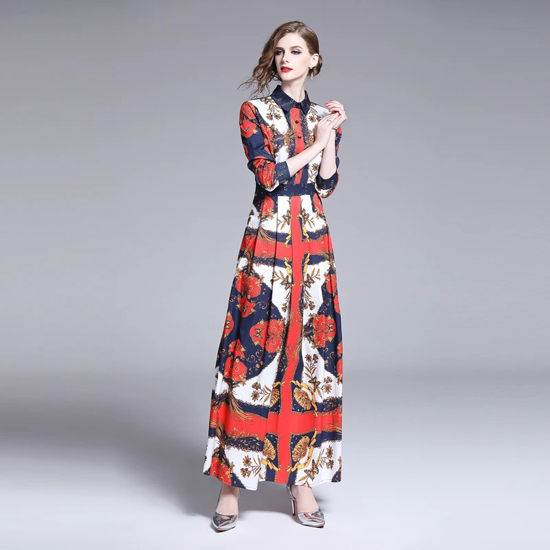 

2021 New Summber Designer Runway Woman Fashion Robe Floral Print Long Sleeve Ladies Elegant Party Casual A-Line Maxi Beach Dress