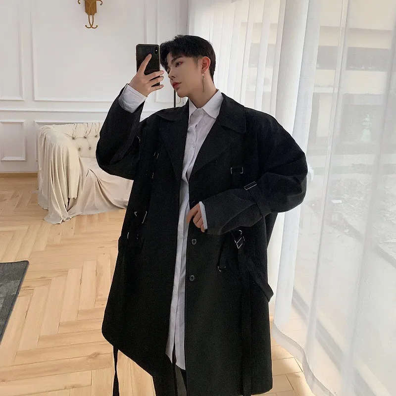 Тренчкот мужской средней длины однобортный модный Свободный с поясом и длинным