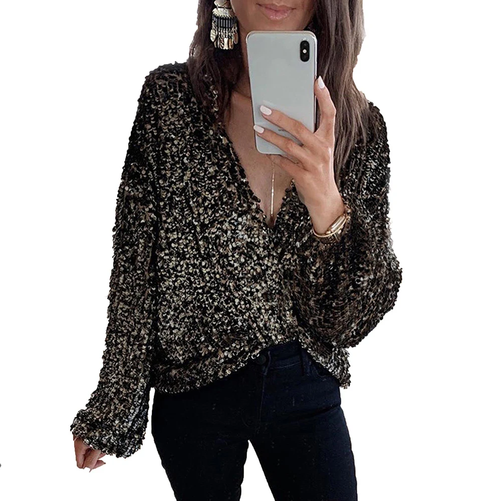 

New Casual Women Sexy Deep V Neck Cardigan Glitter Blouses Spring Tops Shiny Sequin Long Sleeve Shirt Solid Color Streetwear