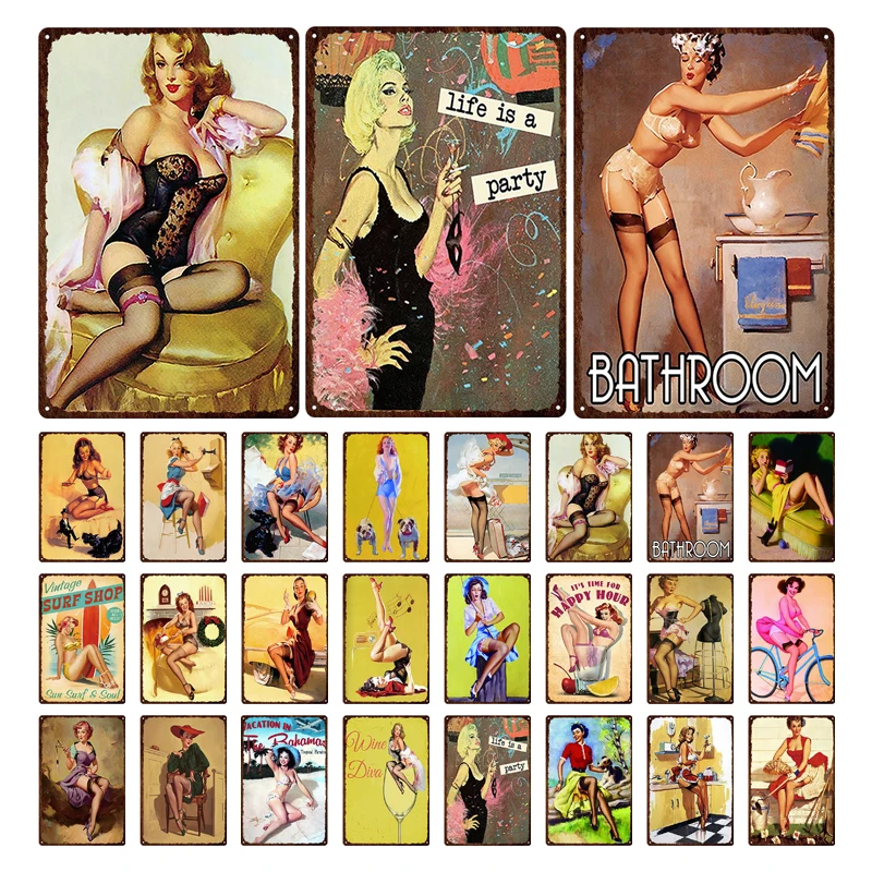 

Sexy Plaque Bathroom Decor Plate Beautiful Vintage Metal Tin Sign Retro Lady Girl Wall Art Poster Wall Sticker Home Bar Garage