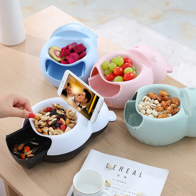 

Lazy Snack Bowl Plastic Table Storage Fruit Plate Bowl Nibbling Melon Seeds Mobile Phone Bracket Double-Layer Fruit Plate