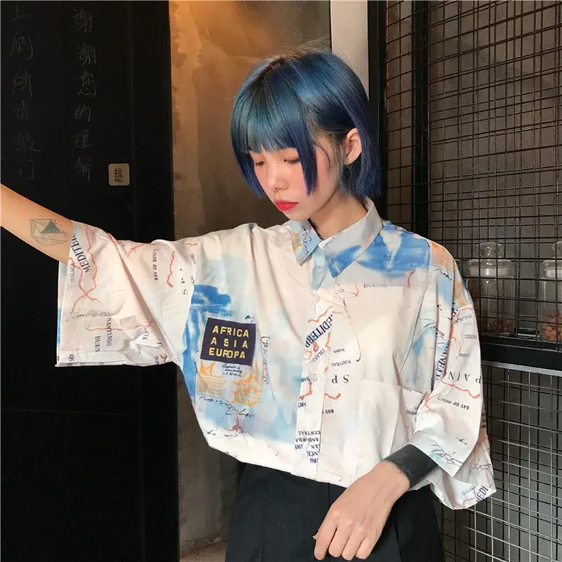 

NiceMix Summer Harajuku Blouse Short Sleeve Womens Shirt Digtal Print Map Tops And Blouses Casual Blusas Camisas Mujer 2021