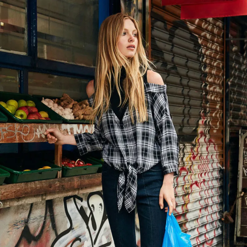 

BONJEAN Fake Two Piece Shirt for Women 2020 Autumn Clothing Off Shoulder T Shirt Casual Tops & Tees Plaid Patchwork Shirt BJ1436