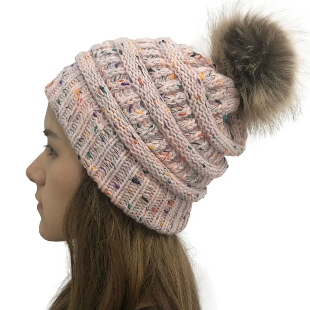 Зимняя женская шапка с меховыми помпонами повседневная меховая вязаным помпоном