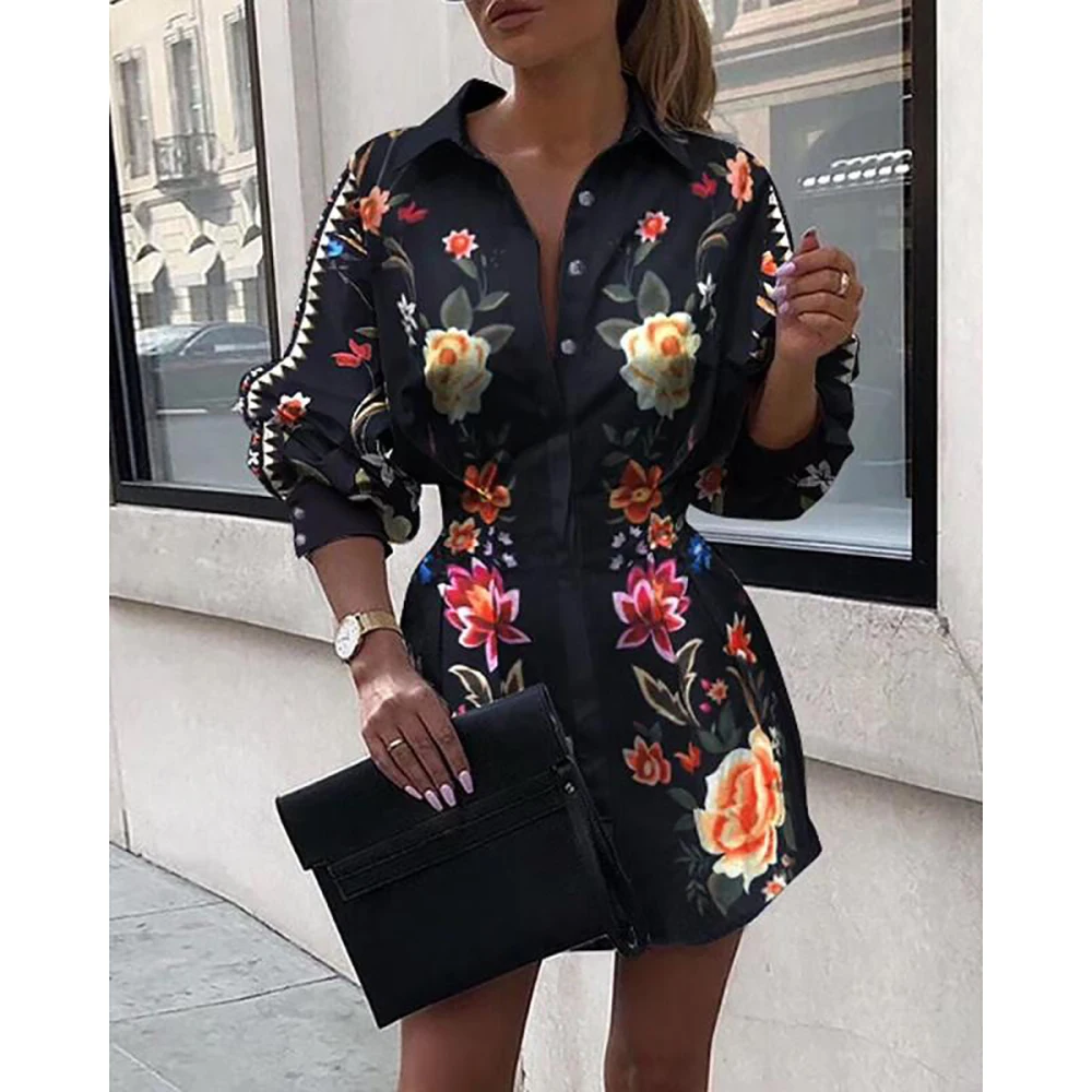 

European American New Fashion Printed Waist Lantern Sleeve Shirt