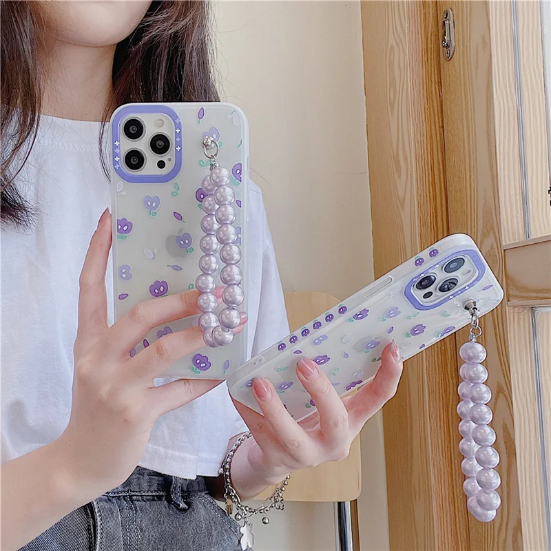 

Luxury Flowers Purple Pearl Bracelet Phone Case for iPhone 11 12 Pro Max Mini X XR XS Max 7 8 Plus SE Soft Silicone Back Cover