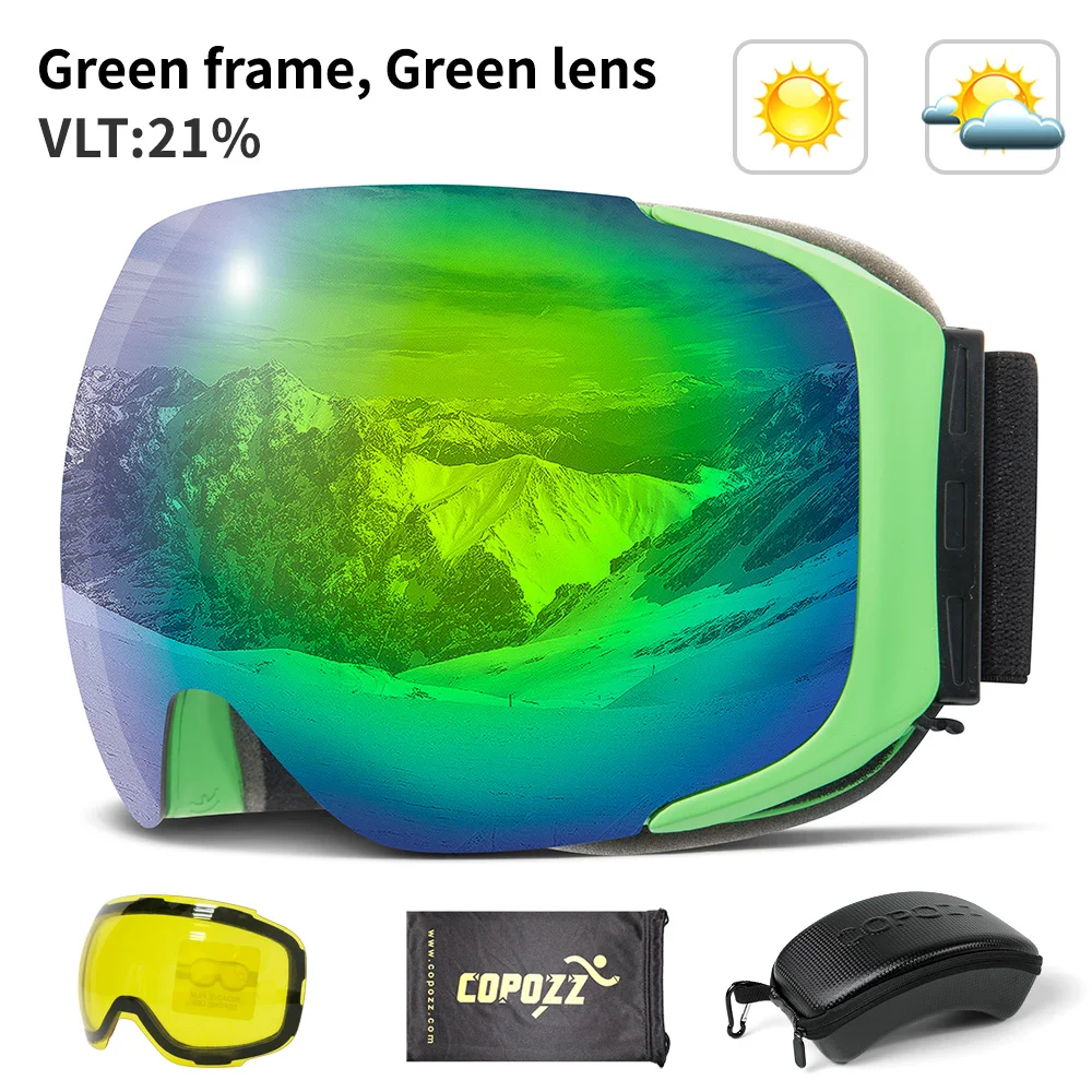 Green lens COPOZZ магнитные лыжные очки с 2s Быстросменные линзы и Чехол Набор UV400 Защита Анти-туман сноуборд лыжные очки для мужчин и женщин - Цвет: Green lens
