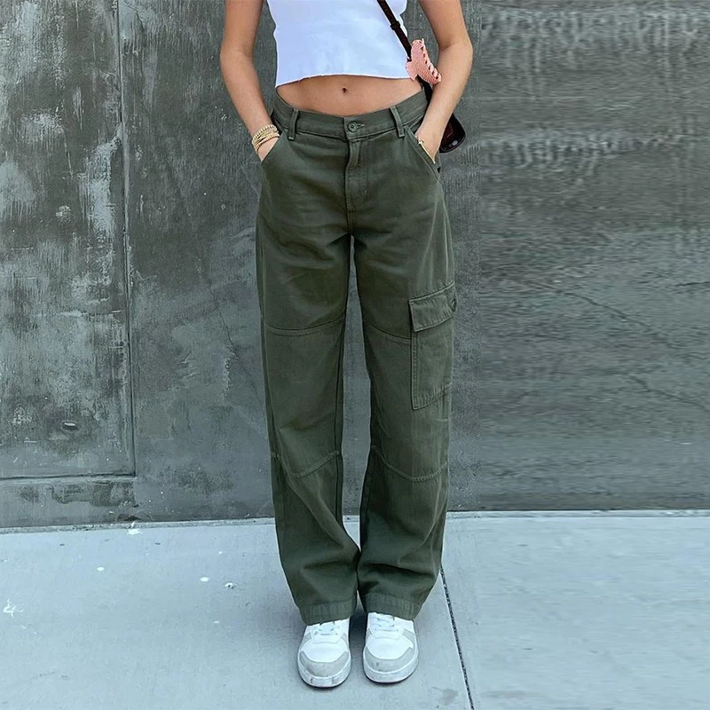 

Casual Vintage Green Cargo Pants Women Fashion Cotton High Waist Jeans Army Military Straight Denim Trousers Ladies Pockets