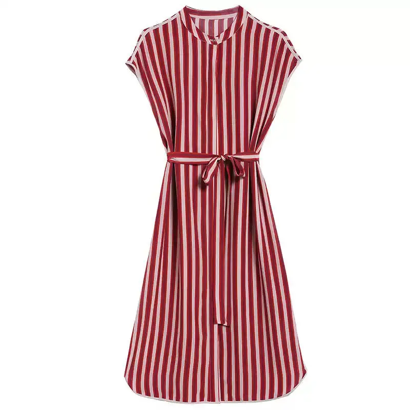 

Natual Mulberry Silk Dress 2021 Summer New Women's Dress Temperament Stand Collar Short Sleeve Stripe Sashes Fashion Dress