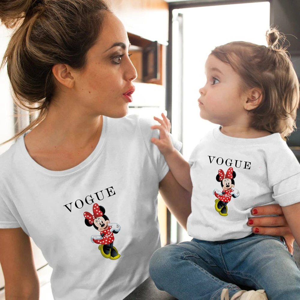 

Famliy Look Minnie Mouse VOGUE Letters Print Women T Shirt Fashion Kids Baby Girl T-shirt Harajuku Disney Children Tshirts