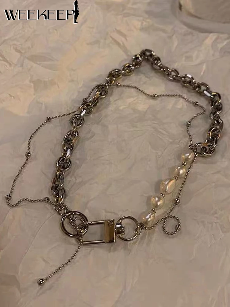 

Weekeep Multilayer Necklace For Women Korean Fashion Patchwork Short Necklaces Stainless Steel Asymmetry Chain Hip Hop Harajuku