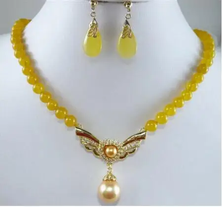 

Yellow Jade Golden Shell Pearl Crystal Gold Plated Pendant Necklace Earrings Set