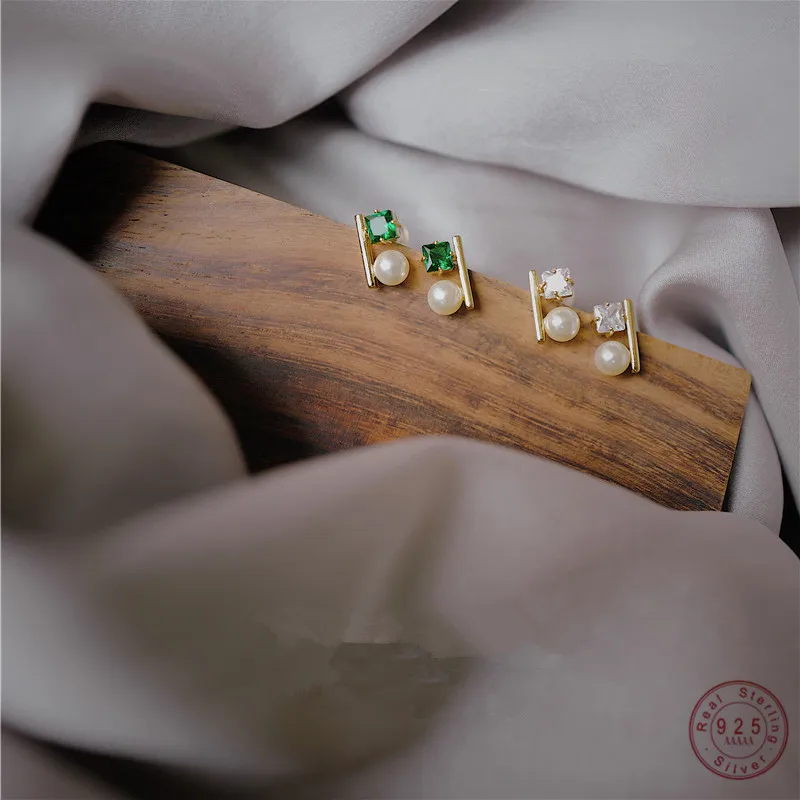 

925 Sterling Silver Simple Zircon Pearl Stud Earrings Women Luxury Temperament Wedding Party 14k Gold Plating Jewelry Gift