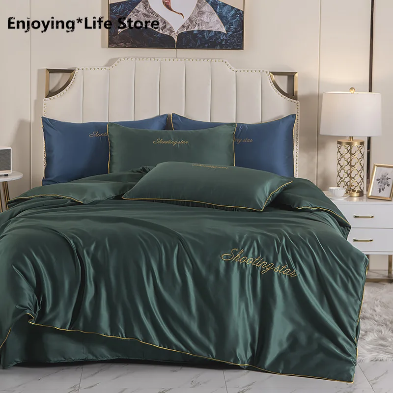 

Fashion Embroidery Pure Satin Bedding Set Bed Set Sheet Duvet Cover Sheet Pillowcase Flat Bed Sheet King Queen Size